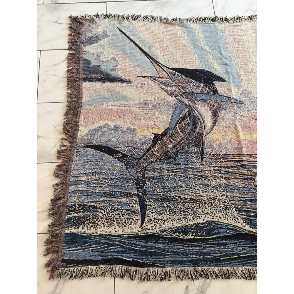 Rare Guy Harvey Marlin Fisherman Woven Throw Blanket Fringe Tapestry Apprx 70x50 - Picture 2 of 5